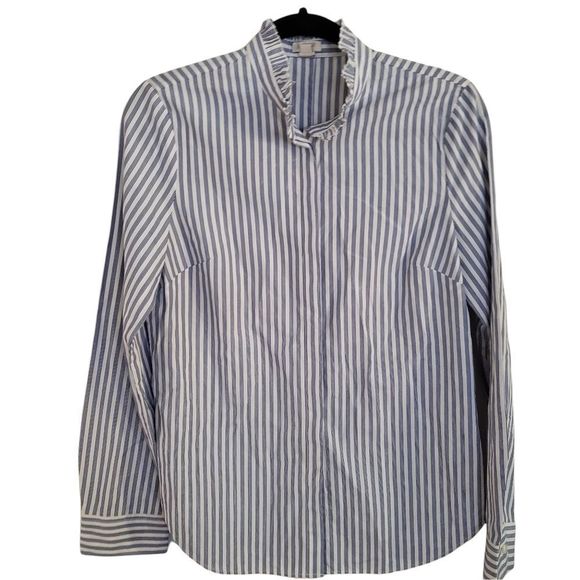J. Crew Striped Button Front Long Sleeve Ruffle Neck Top